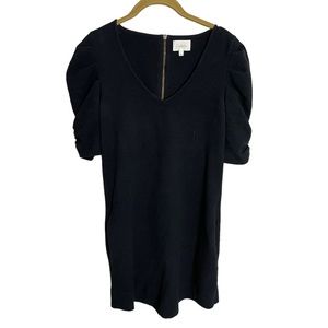 Anthropologie Deletta Black Textured Mini Dress Ruched Puff Half Sleeves Sz XS